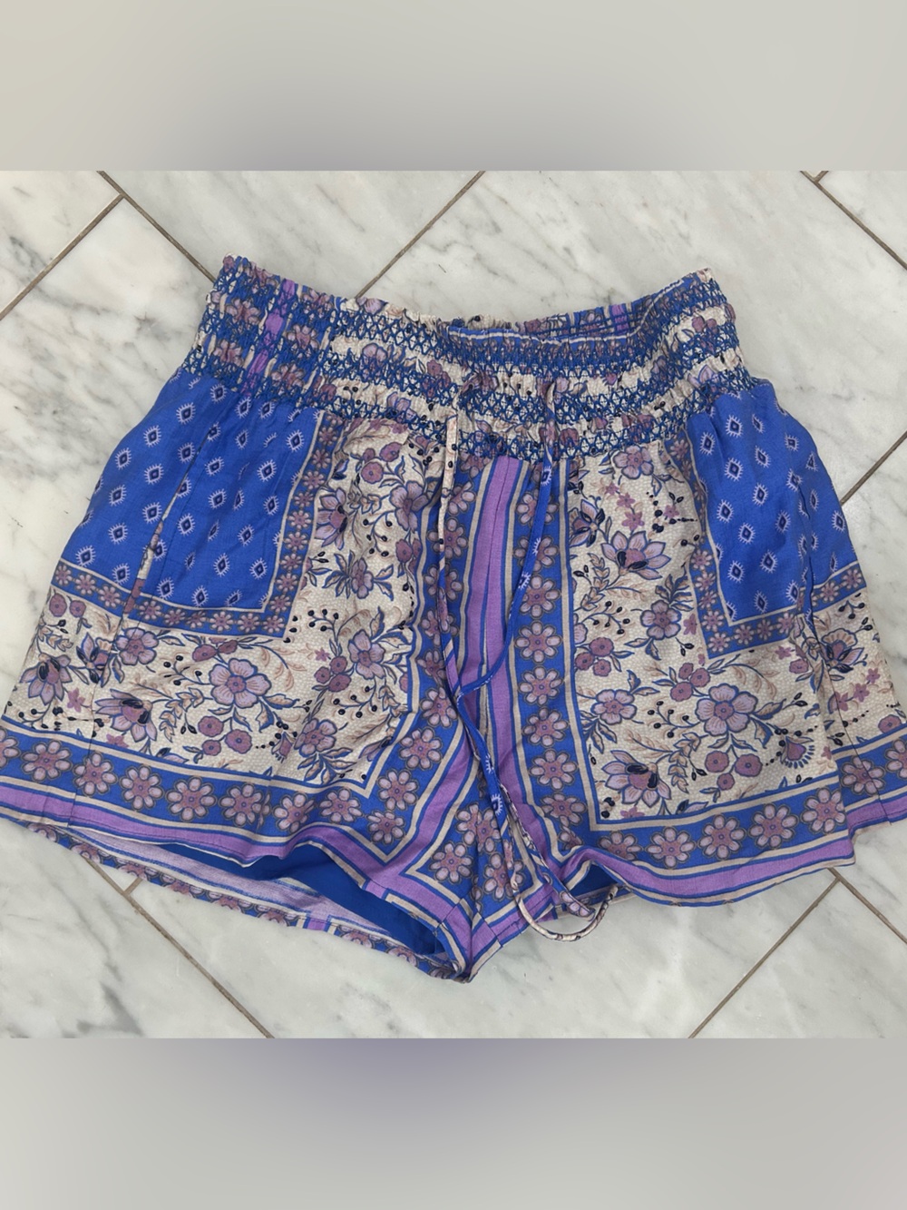 Smocked High-Waist Floral Patchwork Shorts in Blue